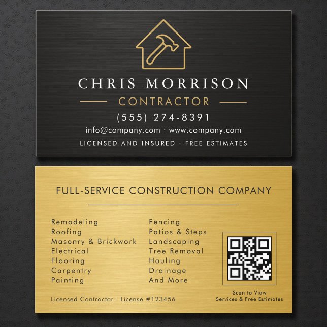 Black Gold Metallic Building Construction QR Code Business Card (Creator Uploaded)