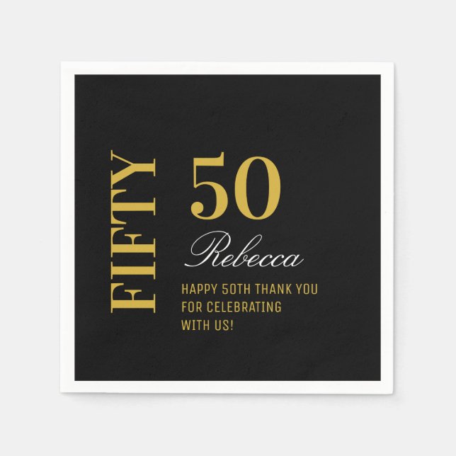 Black & Gold Minimal 50th Birthday Party Cocktail  Napkin (Front)