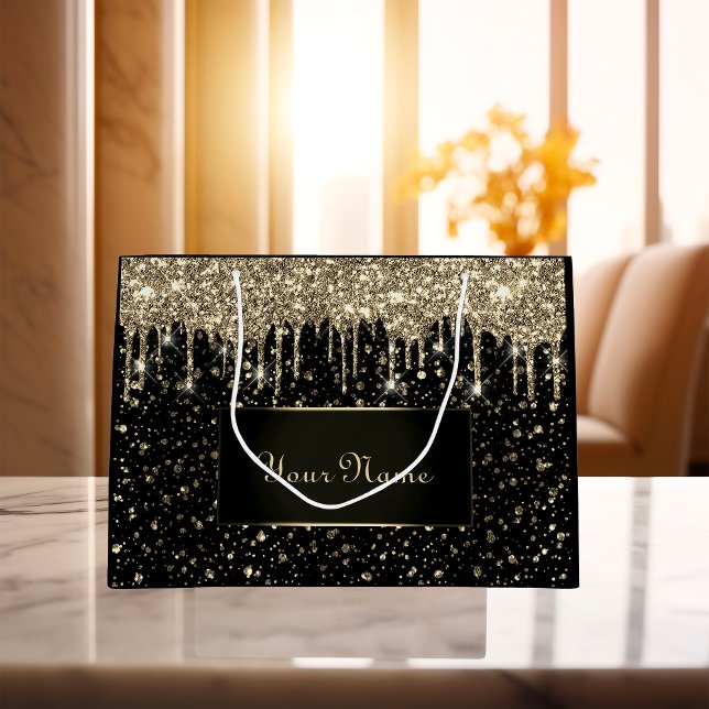 Black Gold Minimal Name Lux VIP Glitter Drips Large Gift Bag (Black Gold Minimal Name Lux VIP Glitter Drips Large Gift Bag)