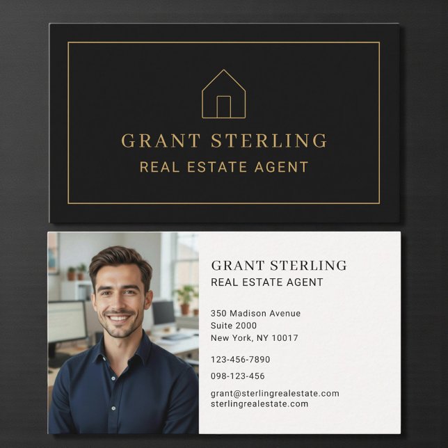 Black Gold Minimal Real Estate Agent House Photo Business Card (Creator Uploaded)