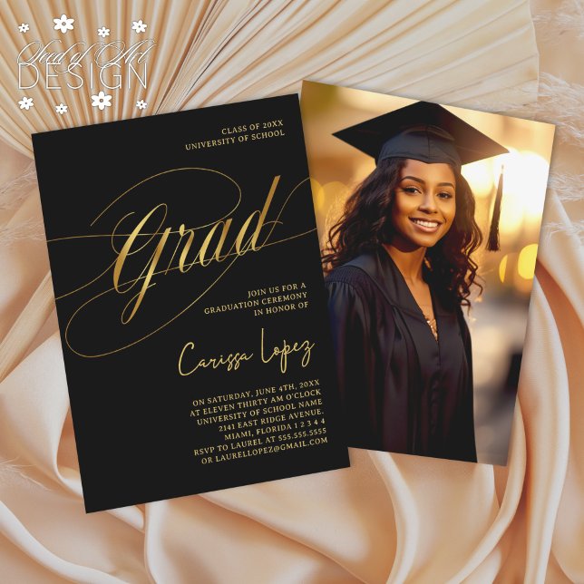 Black & Gold Minimal Scripted Grad Ceremony Photo Invitation (Creator Uploaded)