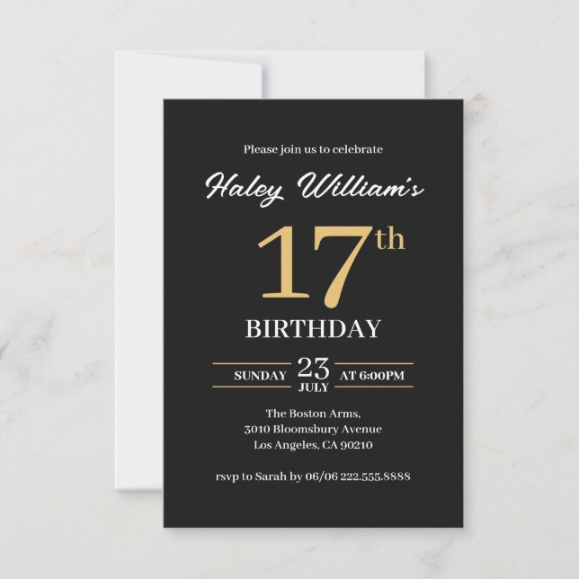 Black & Gold Minimalist 17th Birthday invitation (Front)