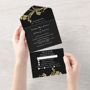 Black Gold Minimalist Floral Script Wedding All In One Invitation