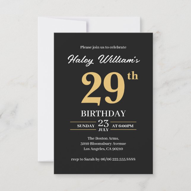 Black Gold Minimalist Modern Simple 29th Birthday Invitation (Front)