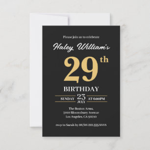 Black Gold Minimalist Modern Simple 29th Birthday Invitation