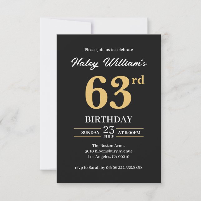 Black Gold Minimalist Modern Simple 63rd Birthday Invitation (Front)