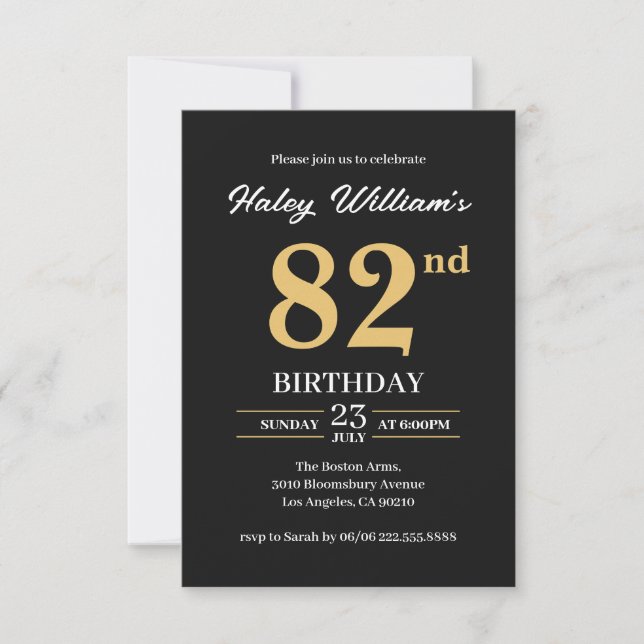 Black Gold Minimalist Modern Simple 82nd Birthday Invitation (Front)