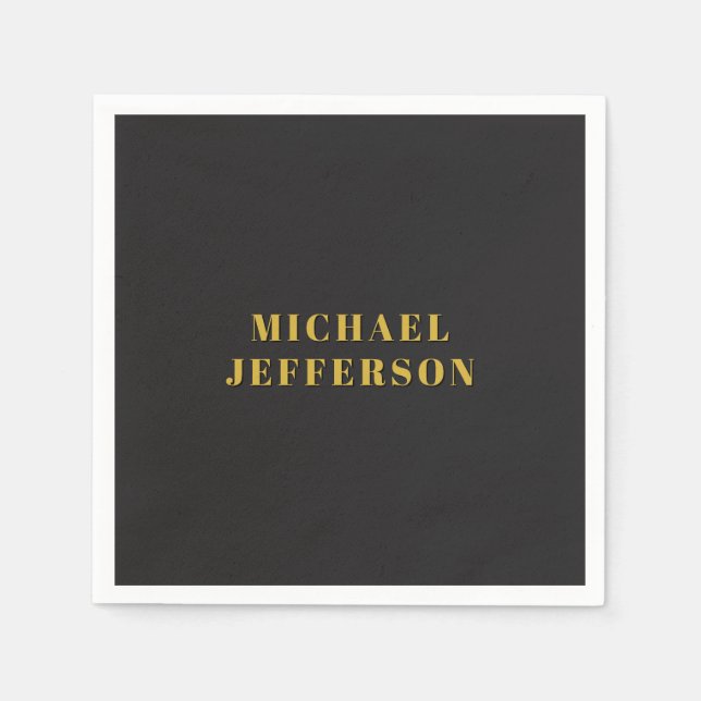 Black & Gold Minimalist Plain Modern Own Name Napkin (Front)