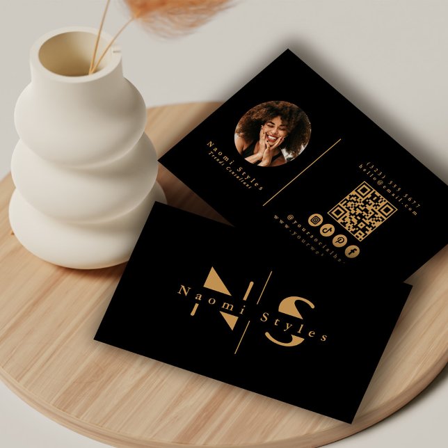 Black/Gold Minimalist QR Code Professional Photo Business Card (Creator Uploaded)