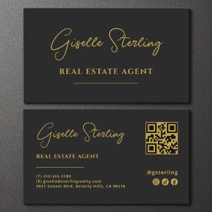 Black & Gold Minimalist Real Estate Agent QR Code Business Card