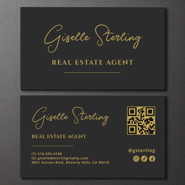Black & Gold Minimalist Real Estate Agent QR Code Business Card (Creator Uploaded)