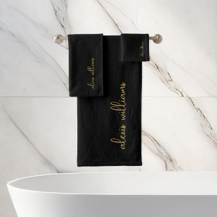 Black Gold Minimalist Script Signature Monogram Bath Towel Set