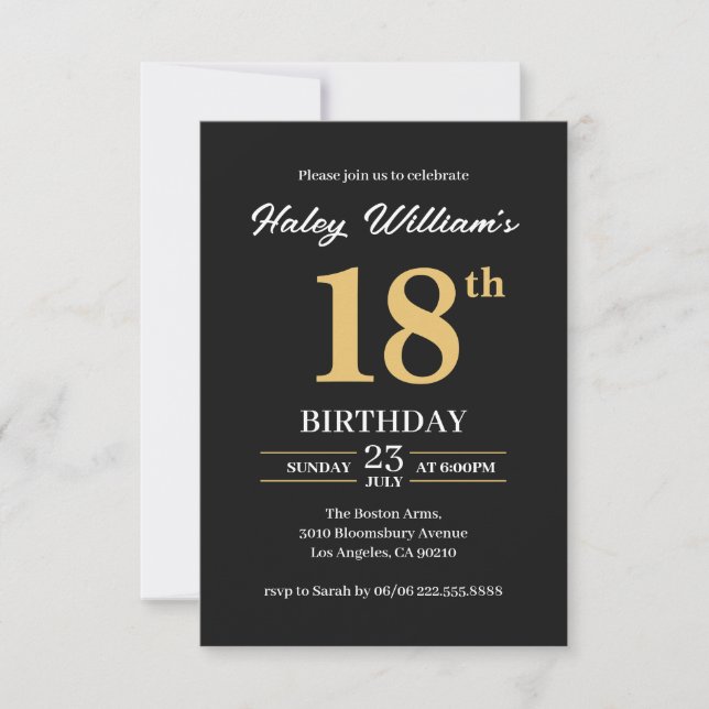 Black Gold Minimalist Simple Modern 18th Birthday Invitation (Front)