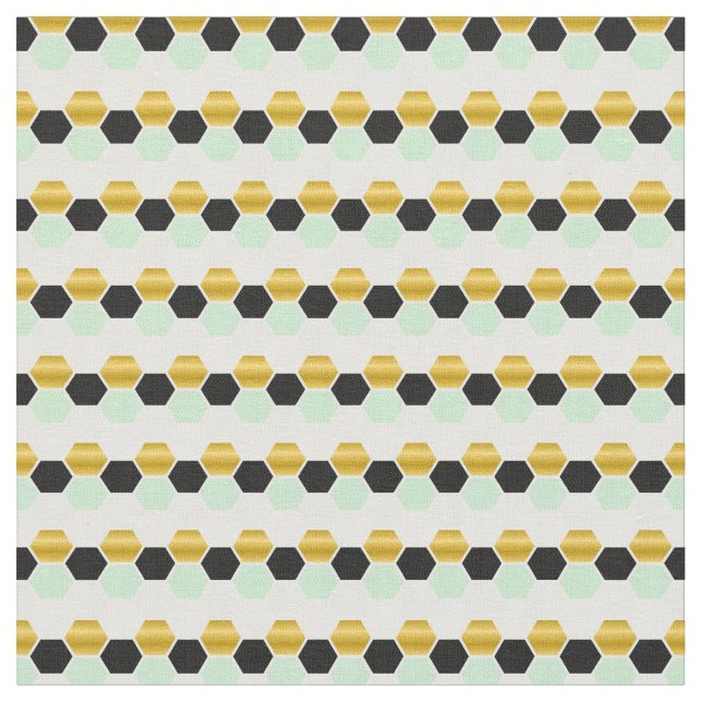 Black Gold Mint Geometric Hex Hexagram Fabric (Close Up)