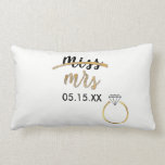 Black & Gold Miss Mrs. Name Date Lumbar Pillow<br><div class="desc">Isn't this cute! Super trendy black, white and faux gold foil reversible lumbar pillow with 'miss' and 'mrs' in a cute handlettered script font, with 'miss' lined through with a faux gold foil swipe, and faux gold foil diamond ring in the bottom right. In between is a text box for...</div>