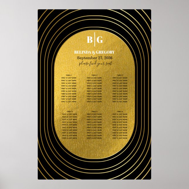 Black & Gold Modern Arch Wedding Seating Chart (Front)