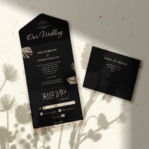 Black & Gold Modern Botanical Wedding All In One Invitation