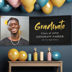 Black & Gold Modern Brush Script Photo Graduation Banner