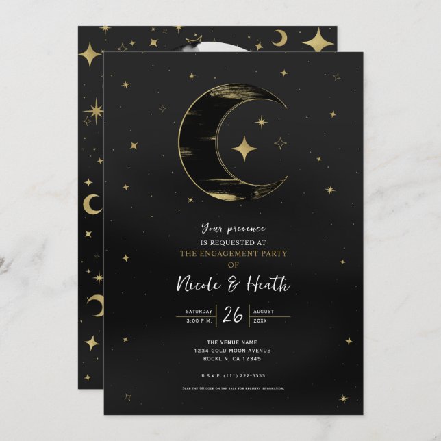 Black & Gold Modern Celestial Moon Star Engagement Invitation (Front/Back)