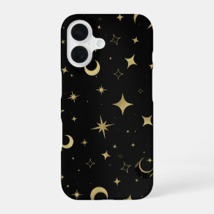 Black & Gold Modern Celestial Moon Stars iPhone 16 Case