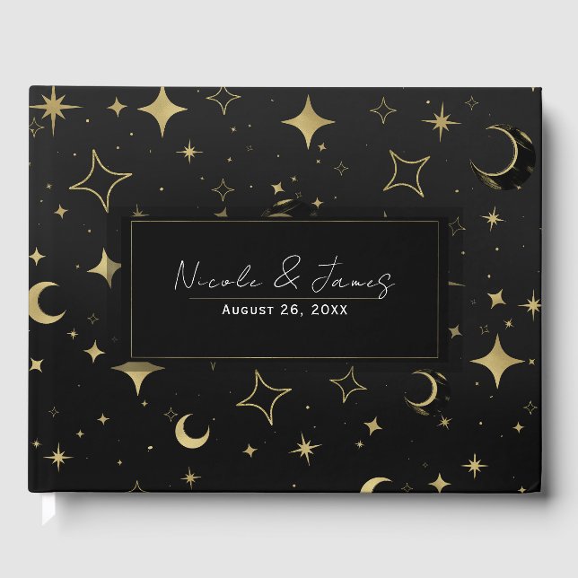 Black & Gold Modern Celestial Moon Stars Wedding Guest Book (Front)