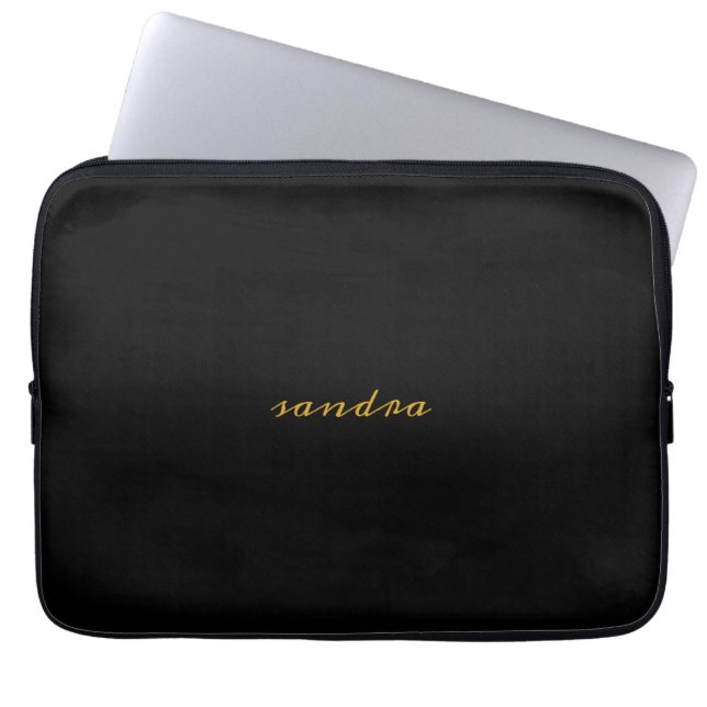 Black Gold Modern Chic Script Girly Monogram Laptop Sleeve (Front)