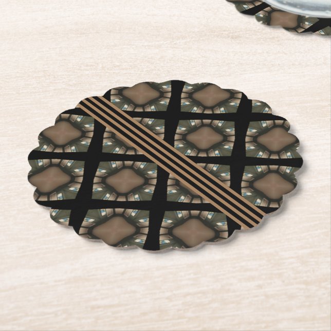 Black & Gold Modern Classic Monogram Pattern Paper Coaster (Angled)