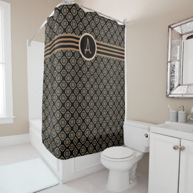 Black & Gold Modern Classic Monogram Pattern Shower Curtain (In Situ)
