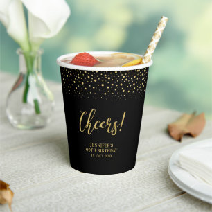 Black & Gold Modern Confetti Adult Birthday Party Paper Cups