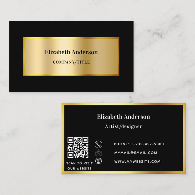 Black gold modern elegant QR code Business Card (Front/Back)