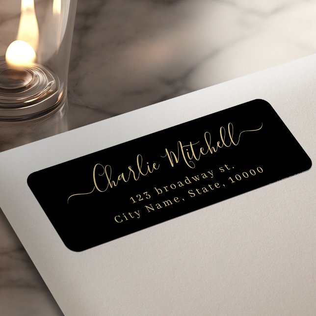 Black Gold Modern elegant script return address (Black Gold Modern elegant script return address Label)
