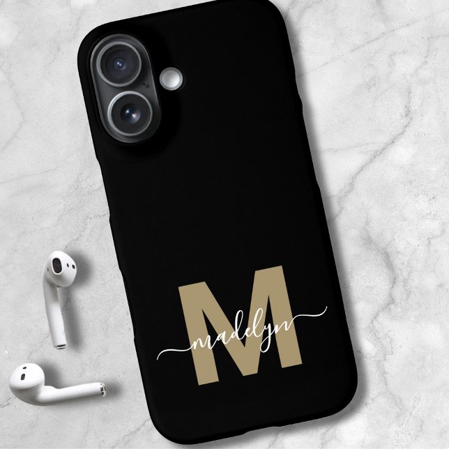 Black Gold Modern Feminine Script Name Monogram iPhone 16 Case (Black Gold Modern Feminine Script Name Monogram iPhone 16 Case)