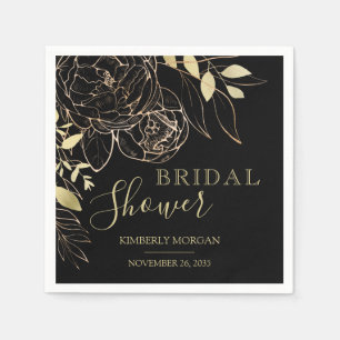 Black & Gold Modern Floral Bridal Shower Napkin