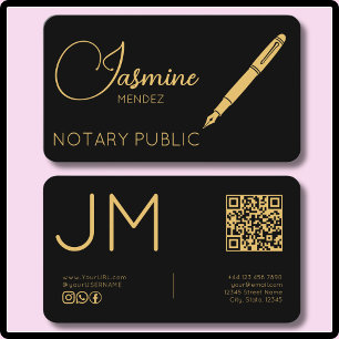 Black Gold Modern Fountain Pen Monogram QR Notary  Business Card