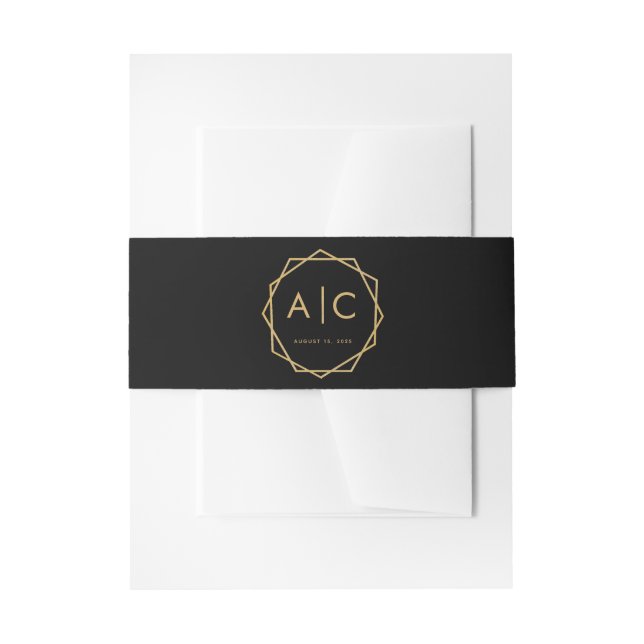Black Gold  Modern Geometric Wedding Monogram Invitation Belly Band (Front Example)