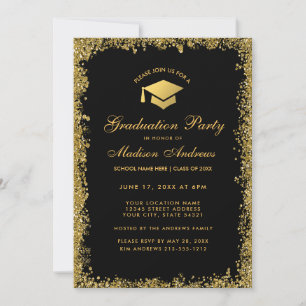 Black Gold Modern Glitter Graduation Party Invite