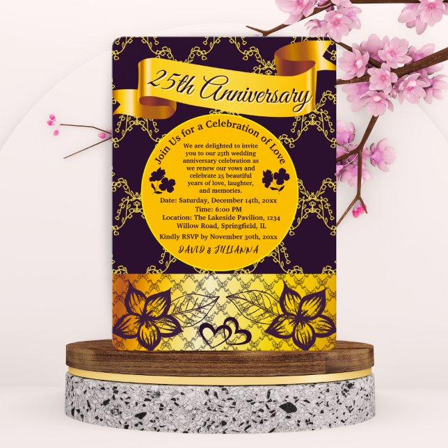 Black & Gold Modern Heart 25th Wedding Anniversary Invitation (Creator Uploaded)