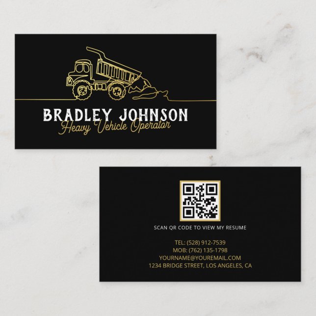 Black Gold Modern Heavy Vehicle Operator QR Code Business Card (Front/Back)