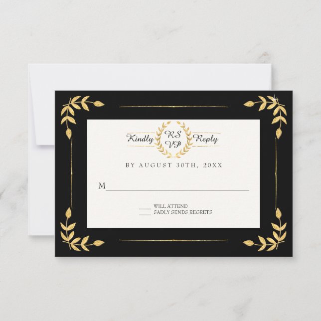 Black Gold Modern Laurel Leaf Wreath Foliage RSVP (Front)
