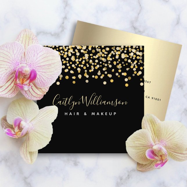Black gold modern luxury hair salon makeup artist square business card (Creator Uploaded)