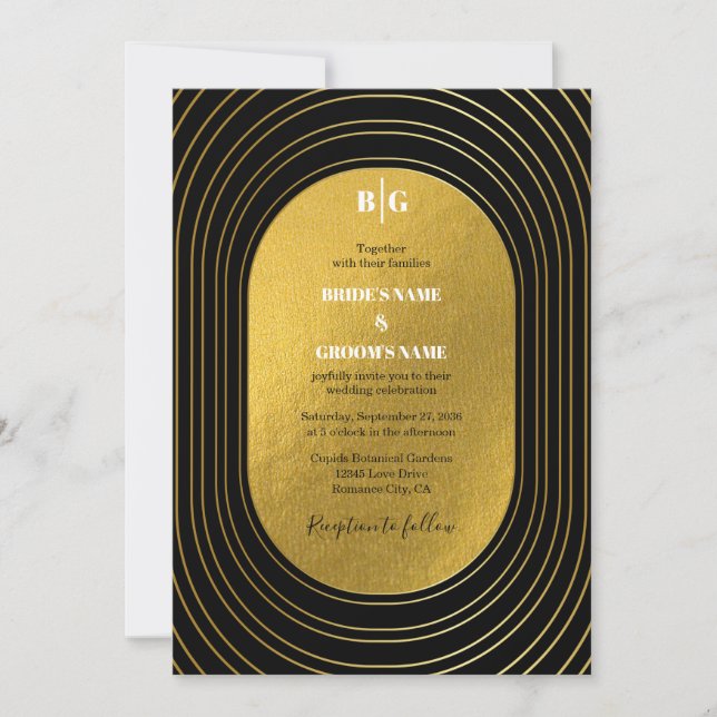 Black & Gold Modern Minimalist Arch Wedding Invitation (Front)