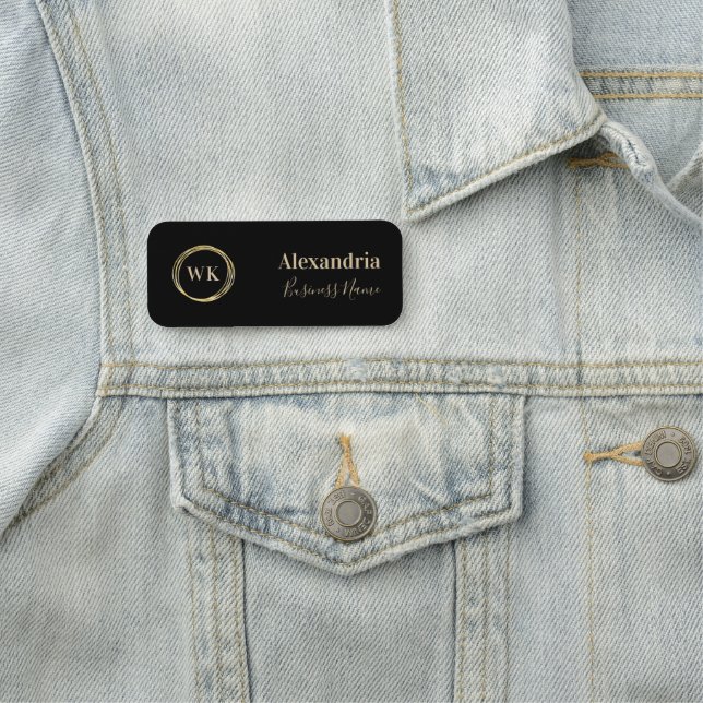 Black Gold Modern Monogram Employee Name Tag (In Situ)