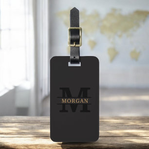 Black Gold Modern Monogram Minimalist Luggage Tag