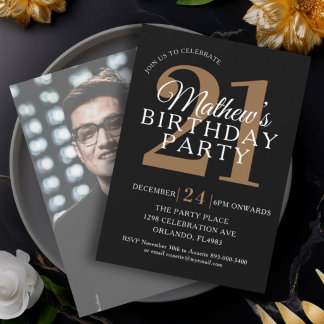 Black & Gold Modern Photo 21 st Birthday  Invitation