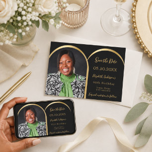 Black gold modern photo arch Birthday Save The Date