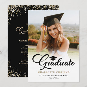 Black Gold Modern Photo Graduation Party Invitation
