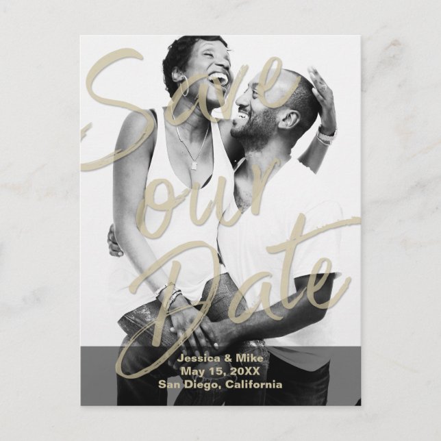 Black Gold Modern Photo Script Save Our Date Announcement Postcard (Front)