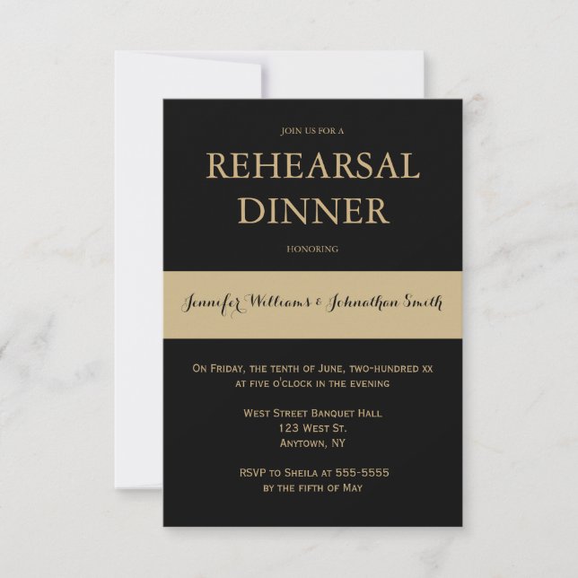 Black & gold modern rehearsal dinner invitations (Front)