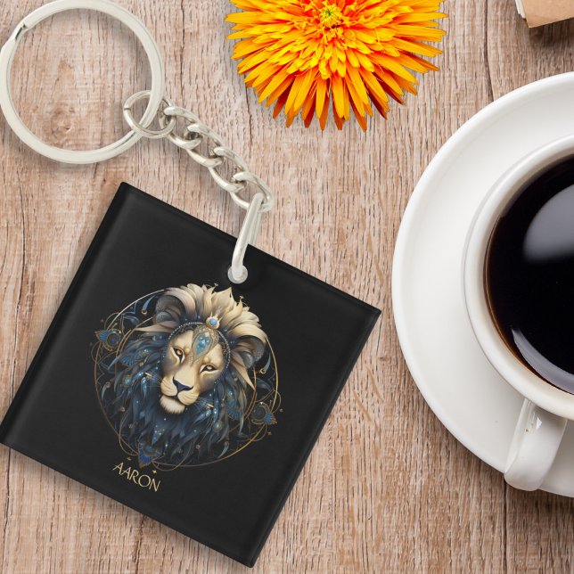Black Gold Modern Script Big Cat Star Sign Leo Key Ring (Creator Uploaded)