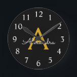 Black Gold Modern Script Girly Monogram Name<br><div class="desc">Black and Gold Simple Script Monogram Name Clock. This makes the perfect sweet 16 birthday,  wedding,  bridal shower,  anniversary,  baby shower or bachelorette party gift for someone that loves glam luxury and chic styles.</div>